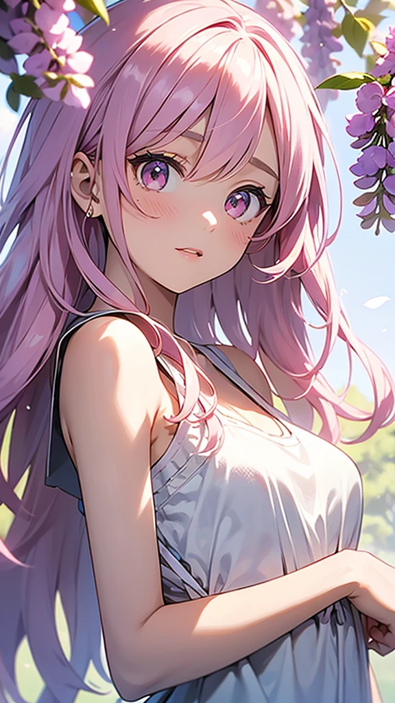 1girl, solo, cute girl with pink hair, pink eyes, wisteria flower background, soft natural light, sleeveless white shirt
