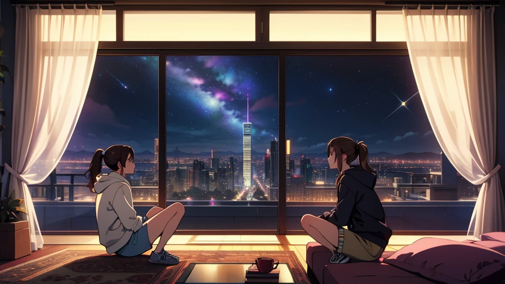 masterpiece, best quality, high quality, detailed, ultra detailed, hyper detailed, insanely detailed, exquisite, beautiful, FHD, Full-HD, 4K, 8K, 16K, highres, absurdres, skyscraper, city, a girl, intelligent, sitting, looking to the side, ponytail, brown hair, brown eyes, hoodie, shorts, piercing, in the room, with a starry sky, with a galaxy, at night, beautiful, lo-fi, side view, moonlight