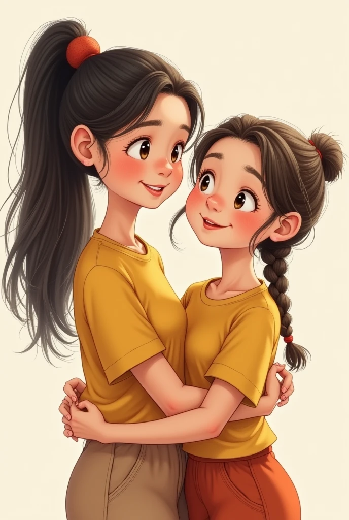 Image of two girl friends one is tall and doing ponytail and other is very dwarf and doing braid and fat standing adjacent to each other and smiling and wearing same colour clothes