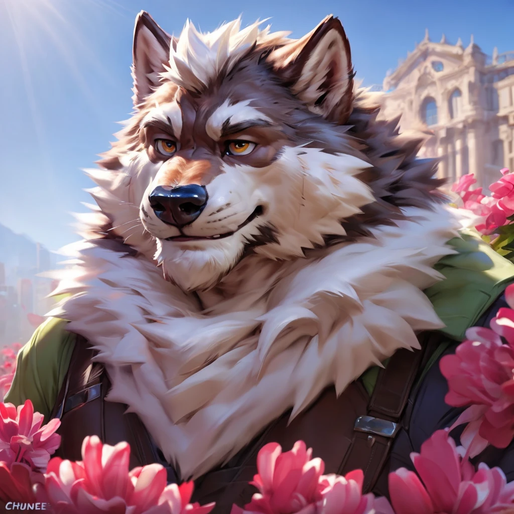 digital painting/artwork,by Pino Daeni,by chunie,by chicobo,by taran fiddler,by nullghost,by rossciaco,by takemoto arashi,by nviek5,maximun quality generation+++,OverallDetail hyper composition+++,natural lighting+++,8k+++,ambient occlusion+++,male body enhance+++,correct male face+++,male body,raytracing+++,one individuals,straight lineart,Refine Art+++,Enhance Composition+++,Improve Framing+++,Optimize Lighting+++,Enhance Resolution+++,Elevate Visual Quality+++,Perfect Details+++,Polish Aesthetics+++,Enhance Clarity+++,Enrich Colors+++,bloom+++,enhance male face details+++,sunlight contrast, wolf male face, intense expressive eyes, thick arched eyebrows, well-defined lips, prominent straight nose, slightly flared nostrils, great-sized ears, styled hair, well-groomed beard, smooth skin fur texture, strong jawline, subtle smile, cute expression, detailed facial features, slightly wrinkled forehead, balanced proportions, natural shading,fluffy neck,cute expressions, flowers
