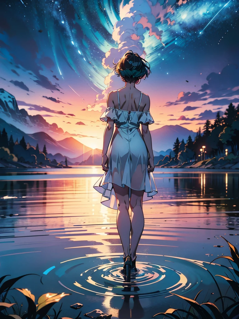 (Best quality), (masterpiece), (photorealistic), (realistic), ultra-detailed, unity 8k wallpaper, extremely detailed CG, ray tracking, sharp shadows, wonderful details, depth of field, Ultra detailed background, (background oriented, Horizon, reflection), starry sky twinkling in the fullness of the sky, Lots of water bubbles floating around. quiet night, midnight, wide shot, shot from the grand, back shot, from below, perfect lighting, panoramic view, dynamic shot, (1 girl, green short hair, white Slip Dress, standing):0.8, standing water's surface, Full body, distant view, face not visible, looking far away, nature spreading out, no civilization in sight, no buildings,