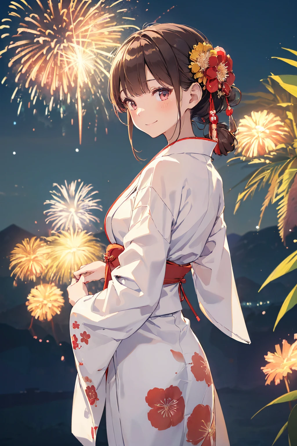 ((Highest quality, 8k, masterpiece: 1.3)),RAW Photos,Realistic atmosphere,Lens flare, Ray Tracing,Slender beauty,Her slim figure is obvious even in a yukata,(Detailed beautiful white skin:1.3),Beautiful Japanese, High resolution face,shiny light brown hair,Hair Bun,Red and gold hair ornament,(Watching the fireworks wearing a floral yukata:1.2),Huge fireworks,(White yukata with sleeves:1.2),((Wrinkled Heko Obi:1.3)),((Looking back with an innocent smile:1.3)),ぼやけたLarge fireworks,(Lots of colorful fireworks:1.2),Fireworks bursting into the sky,Large fireworks,Fireworks across the sky,A foot of jade,Anime Scenery, Produced by Anime Artist Studio, Background artwork, Slender beauty