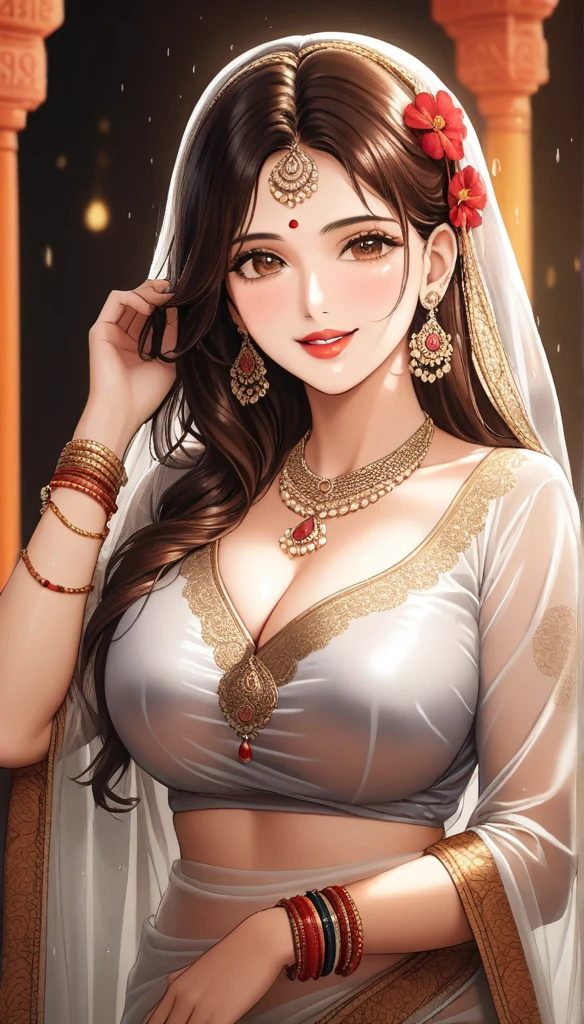 a beautiful mature woman in a wet transparent saree, with wavy silky brown hair, detailed alluring eyes, beautiful detailed lips, wearing a full sleeve blouse,  long earrings, smiling with red lipstick, saggy , holding a flower in her head, with mehendi on her hands, wearing multiple accessories including necklace, bangles, waist jewelry, leg chains, in a cinematic composition with dramatic lighting, vibrant colors, hyper detailed and photorealistic, masterpiece, 8k