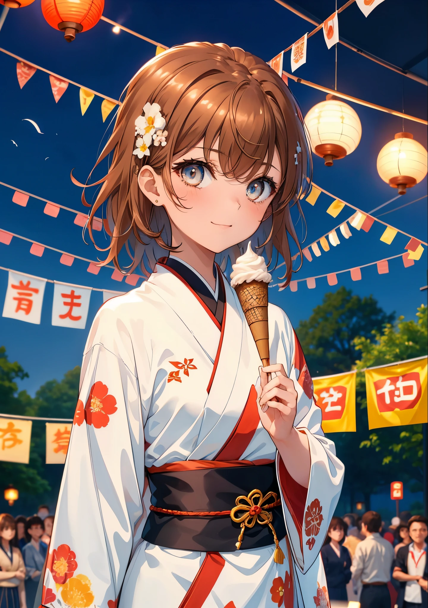 Mycotrose, Brown eyes,Brown Hair,short hair,One side up,Flower Hair Ornaments,Open your mouth,smile,White Kimono,Holding ice cream in one hand,日本のfestival,夏festivalの屋台,Red lantern,whole bodyがイラストに入るように,night,
break looking at viewer,whole body,                 　　　　　break outdoors, festival,shrine,                                                             break (masterpiece:1.2), Highest quality, High resolution, unity 8k wallpaper, (shape:0.8), (Beautiful and beautiful eyes:1.6), Highly detailed face, Perfect lighting, Extremely detailed CG, (Perfect hands, Perfect Anatomy),