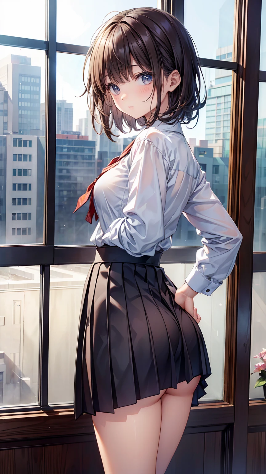 masterpiece, top-quality, hight resolution, kr1, brown-eyed, bluntbangs, kibito high school uniform, skirt by the, Sweaters, pleatedskirt, socks, small , Slouched, put hands on the hip,Beautiful and perfect legs, Clean and perfect hands, (Detailed eyes and face:1.2, Professional photography techniques), (Detailed hands, The right move:1.2), (Tight waist:1.2), (Beautiful breasts), (Small beautiful butt)