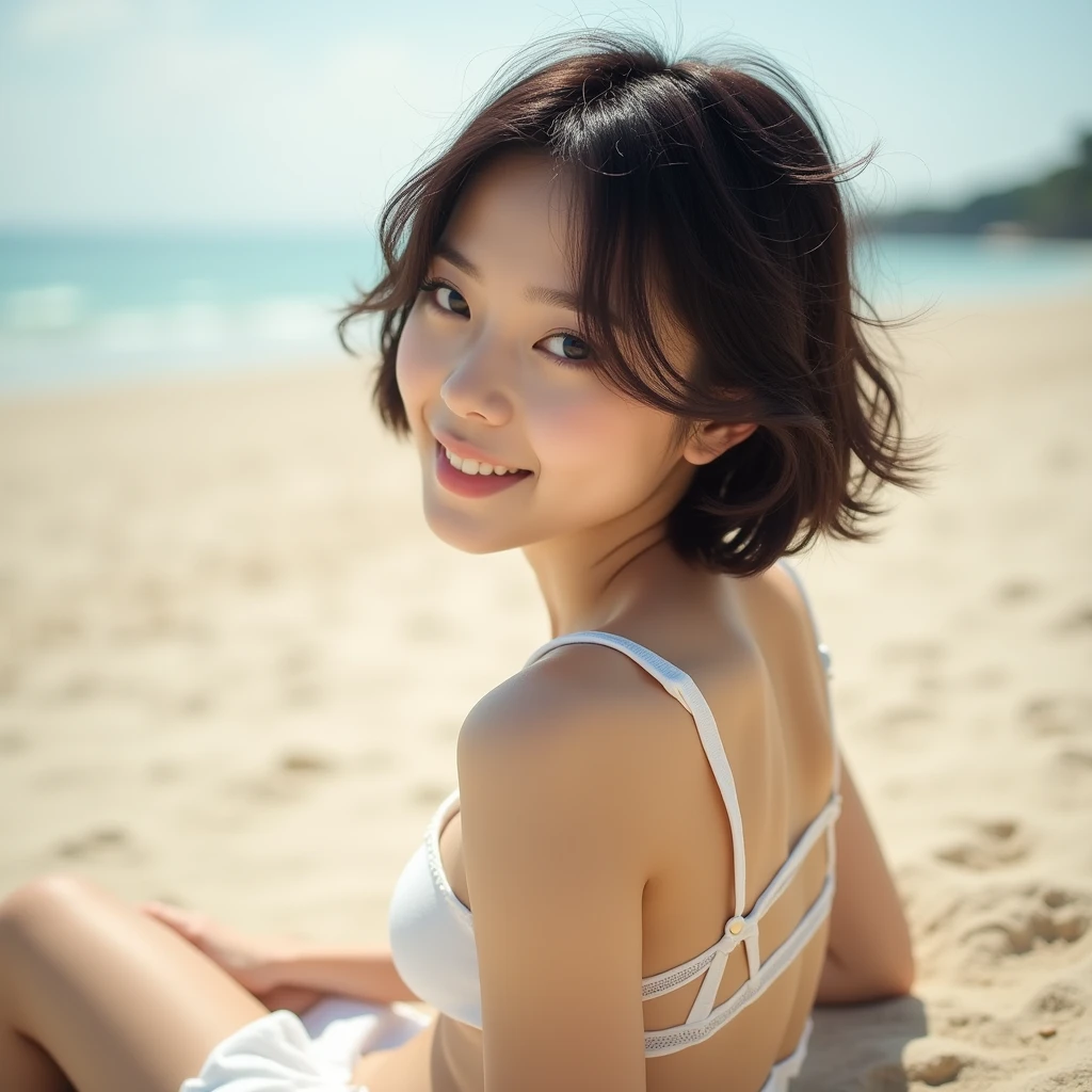 Highest quality, masterpiece, Ultra-high resolution, 25years old, japanese woman, shiny Hair, Short Hair, Broun Hair, Bra Top, White Skort, Harf Smile, Sunlight, From Behind, Lying on the sand
