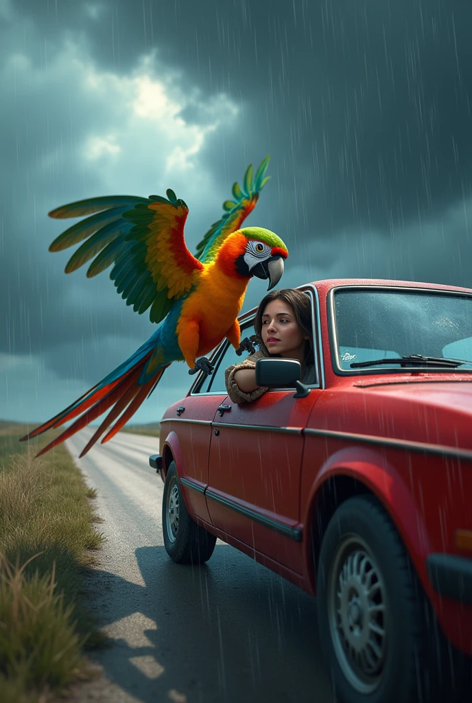 "Sunny, the vibrant parrot, lived in a cozy nest with her owner, Emma. One day, a fierce storm rolled in, and Emma was nowhere to be found. Sunny flew out into the wind, squawking Emma's name. She spotted Emma's car, crashed and upside down. Sunny flew down, using her beak to pry open the door. Emma was shaken but alive. Sunny snuggled close, keeping her warm until help arrived. From then on, their bond was unbreakable."