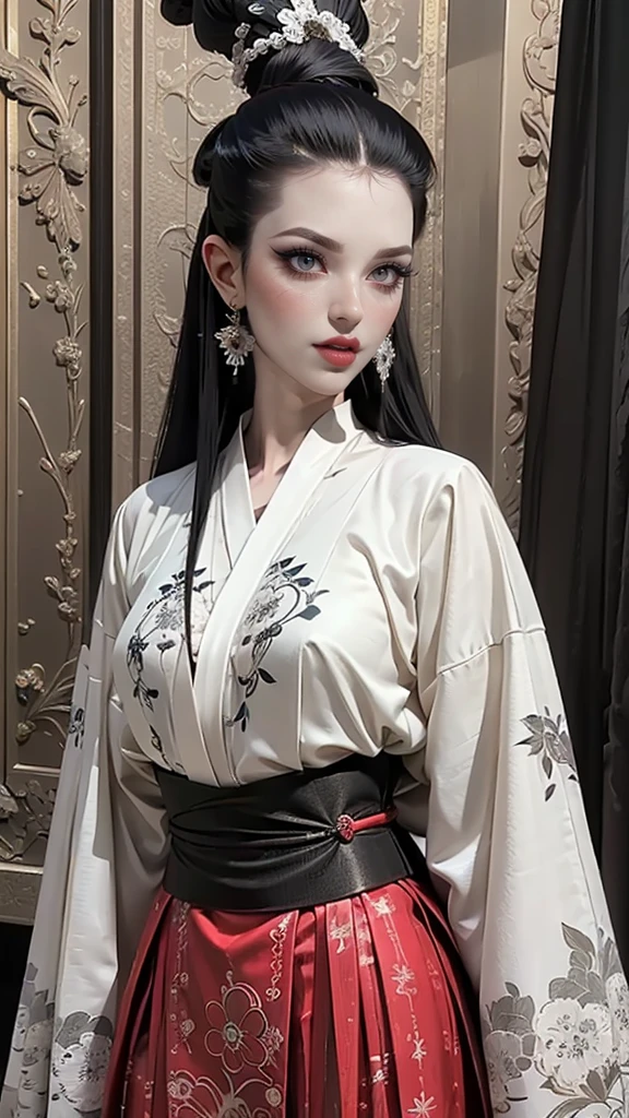 (masterpiece, best quality, Realistically, Work, Very detailed, 8k), 1 girl, Official Art, Dreamy Hanfu，Perfect body，Supermodel。Smooth and delicate skin。Exquisite facial features。A true physics engine。Woman with smooth skin。Energetic woman。Sexy hot woman。Model shooting pose。