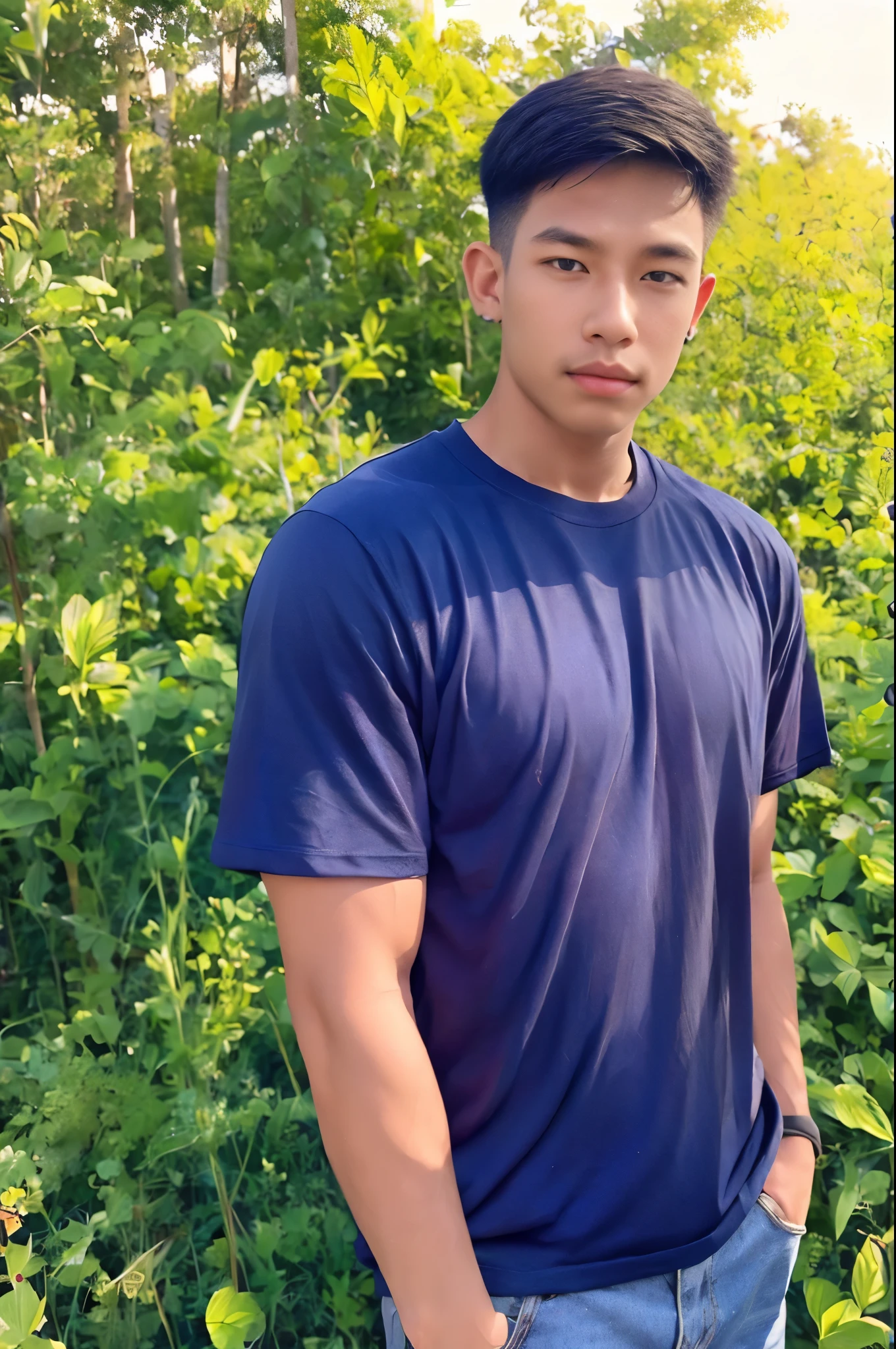 armface , Handsome young man standing, (have a mustache:1) ,(buzz cut:1.1), (short hair:1.2), The forearms are muscular., (Tight T-shirt:1.5),(Navy blue shirt:1.5),Jeans, Big muscles, Handsome and muscular, full body angle, (rice field:1.1), natural light