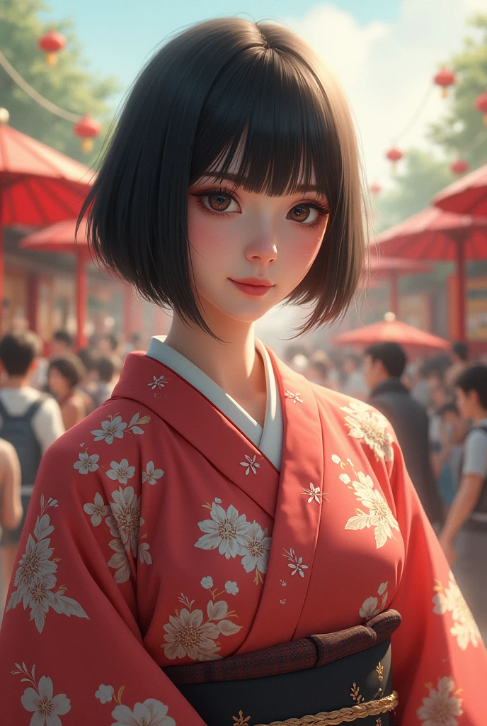 Bob Hair、Black Hair、Droopy eyes、Aquiline Nose、Thin lips、Big Tits、yukata、Omi、break、Summer festival