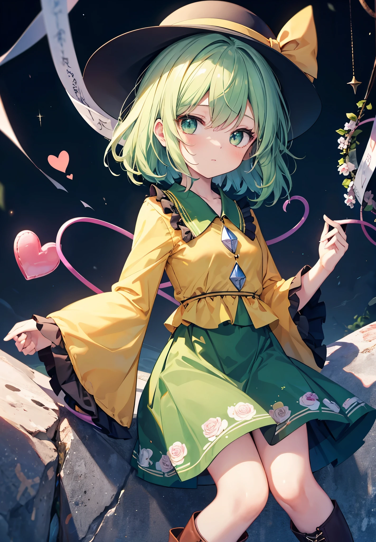 1girl, komeiji koishi (touhou), green eyes, medium hair, green hair, grey hair, wavy hair, third eye, eyeball, black hat, collared shirt, yellow shirt, frilled shirt collar, diamond button, long sleeves, frilled sleeves, wide sleeves, green skirt, frilled skirt, floral print, rose print, black footwear, boots, heart, heart of string, hat ribbon, yellow ribbon, hat bow, yellow bow,