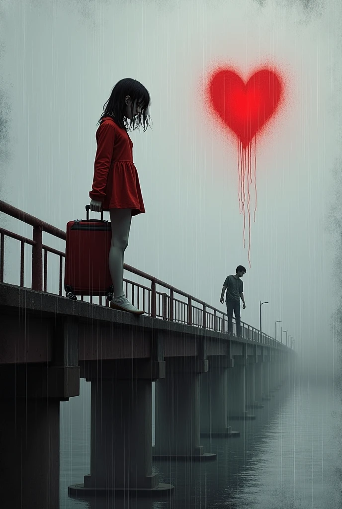 The girl is attempting to suicide
She is standing on the Bridge ledge with her luggage 
And at the same time a boy is crossing the bridge when he saw girl he was lil bit afar 
It was raining
Add red and white colour 
Boy doesn't have anything in his hand