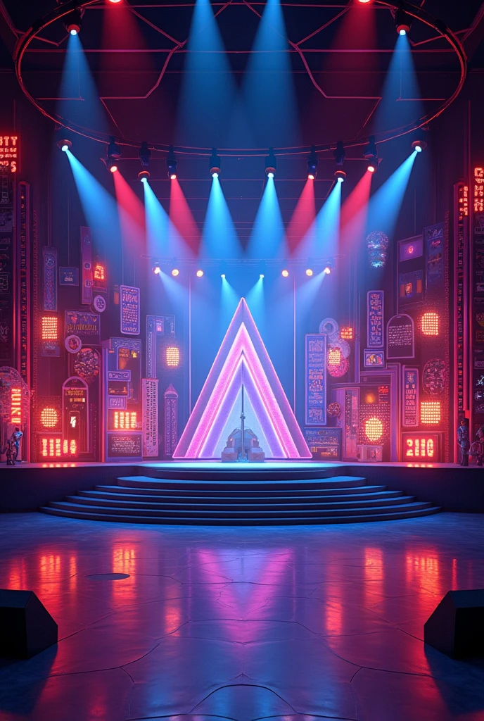 Generate a stage background where the musical decades of the 70s stand out, 80s, 90s, 2000s, 2010s y 2020s