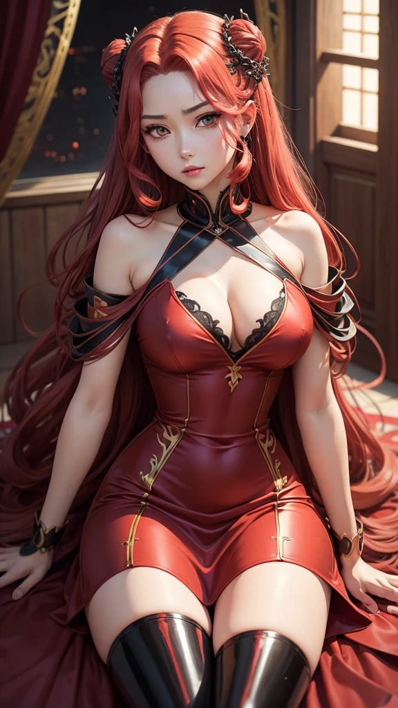 MAKE A PHOTO OF THE ANIME CHARACTER "QUEEN MEDUSA" HIGHLIGHTING SHARP EYES, IN THE DONGHUA MANGA SERIES "WITH A TYPICAL RED DRESS THAT IS NOT SEXY.