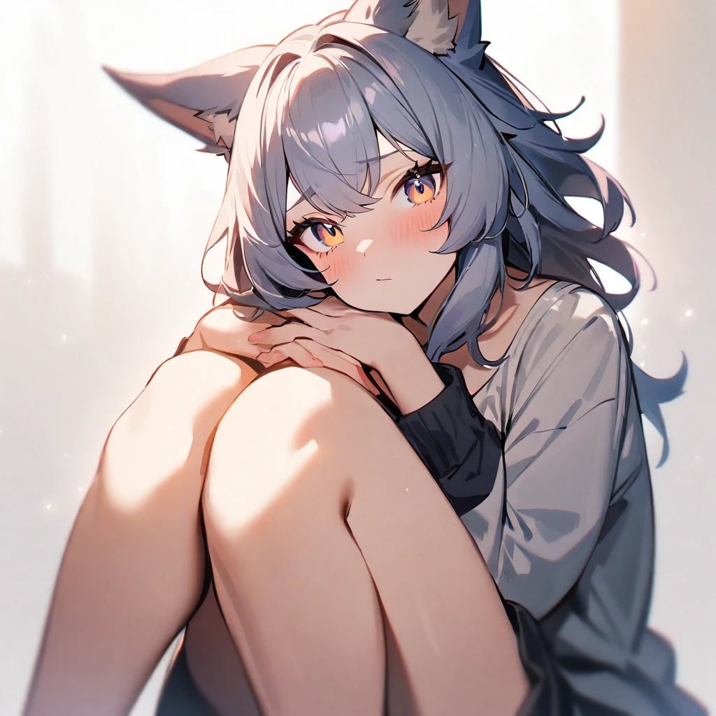 1girl,portrait,Wolfgirl,masterpiece, best quality, very aesthetic, absurdres,High Saturation,fullbody,barefoot,sitting,knees up,knees on Face