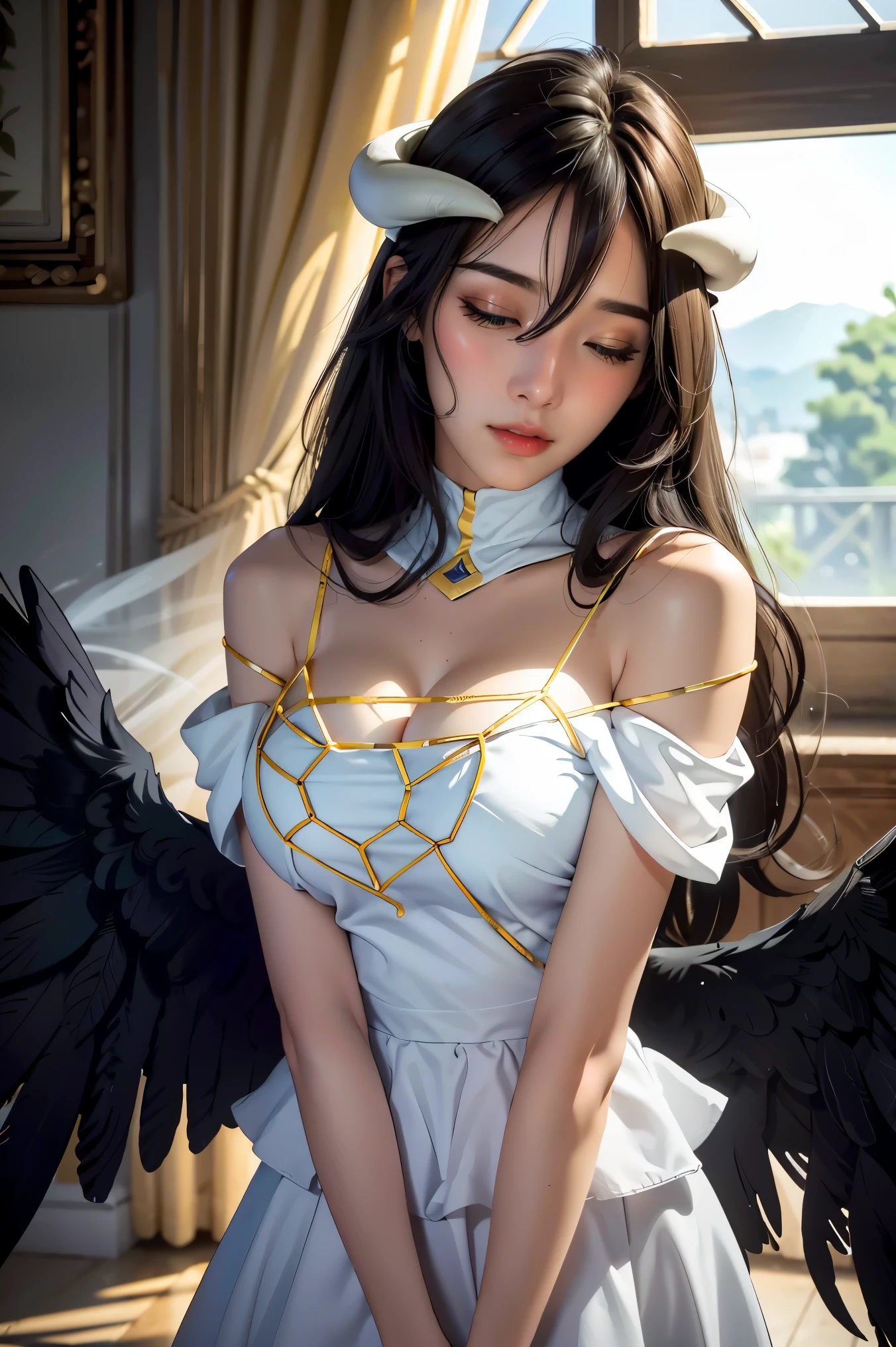 Masterpiece, Best quality, Ultra-detailed, illustration, epic lighting, Cinematic composition, isometry,(hexagons:1.2), 1girll, Horns, Solo, Yellow eyes, Black hair, Long hair, (Low wing:1.2), Large cleavage, Bare shoulders, hair between eye, Medium breasts, (White dress:1.1), Golden decoration, Detached collar, view the viewer, Semi-closed Eyes, (view the viewer:1.1), parted lip, Blush, Black feathers fall, Arena, particle fx, (8K:1.1)