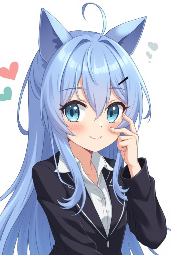  One girl, Animal ears, blue eyes, Long Hair, Blue Hair, Long sleeve, bangs, Cat ear, heart, Mouth closed, Upper Body, Focus Only, hair ornaments, Sleeves are longer than the wrist, blush, White Background, collared shirt, Simple Background, shirt, View your viewers, Putting your hand on someone else&#39;s face, Jacket, black Jacket, smile, One side up, Hair between the eyes, Slope, ;3, Slope background, Blue background, Oral sex,