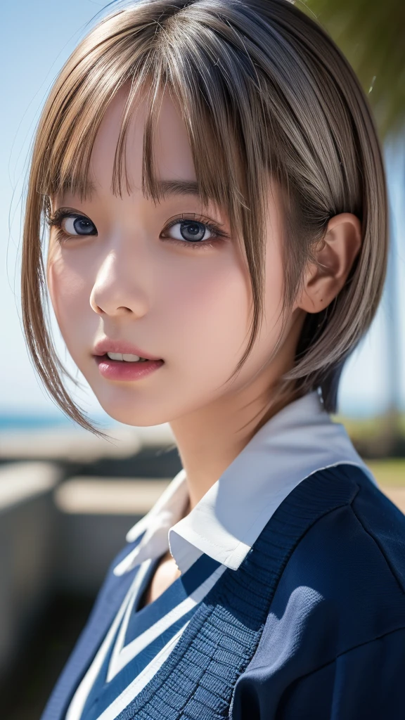 ((masterpiece, Highest quality, High resolution)), 1 Japanese girl, (Realistic: 1.4), excited、Great face,Glossy lips、15 years old, Silver Hair、Silver Hair、short hair, Silver Hair、(Beautiful Hair:1.5), Sailor suit, school uniform、beach、Staring、Keep your mouth pointed、Keep your mouth pointed、Keep your mouth pointed、Angle from the front, Smooth, Highly detailed CG composite 8K wallpaper, High resolutionのRAWカラー写真, Professional photography, Light, BackLight, dream-like, impressive, Written boundary depth, (Face close-up:1.5)
