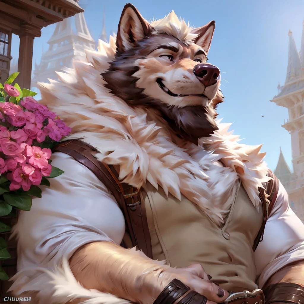 digital painting/artwork,by Pino Daeni,by chunie,by chicobo,by taran fiddler,by nullghost,by rossciaco,by takemoto arashi,by nviek5,maximun quality generation+++,OverallDetail hyper composition+++,natural lighting+++,8k+++,ambient occlusion+++,male body enhance+++,correct male face+++,male body,raytracing+++,one individuals,straight lineart,Refine Art+++,Enhance Composition+++,Improve Framing+++,Optimize Lighting+++,Enhance Resolution+++,Elevate Visual Quality+++,Perfect Details+++,Polish Aesthetics+++,Enhance Clarity+++,Enrich Colors+++,bloom+++,enhance male face details+++,sunlight contrast, wolf male face, intense expressive eyes, thick arched eyebrows, well-defined lips, prominent straight nose, slightly flared nostrils, great-sized ears, styled hair, well-groomed beard, smooth skin fur texture, strong jawline, subtle smile, cute expression, detailed facial features, slightly wrinkled forehead, balanced proportions, natural shading,fluffy neck,cute expressions, flowers