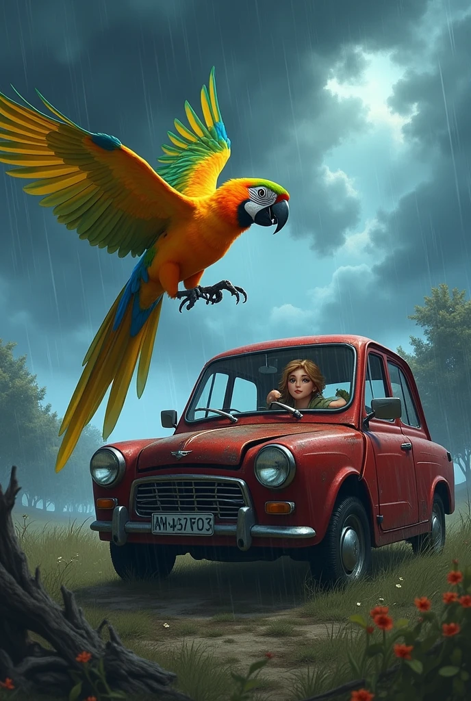 "Sunny, the vibrant parrot, lived in a cozy nest with her owner, Emma. One day, a fierce storm rolled in, and Emma was nowhere to be found. Sunny flew out into the wind, squawking Emma's name. She spotted Emma's car, crashed and upside down. Sunny flew down, using her beak to pry open the door. Emma was shaken but alive. Sunny snuggled close, keeping her warm until help arrived. From then on, their bond was unbreakable."