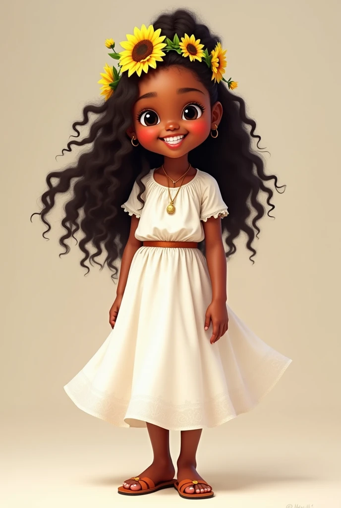 A beautiful happy Ethiopian
kid wearing Ethiopian white
dress with long hair, sunflower hair band n flat shoes