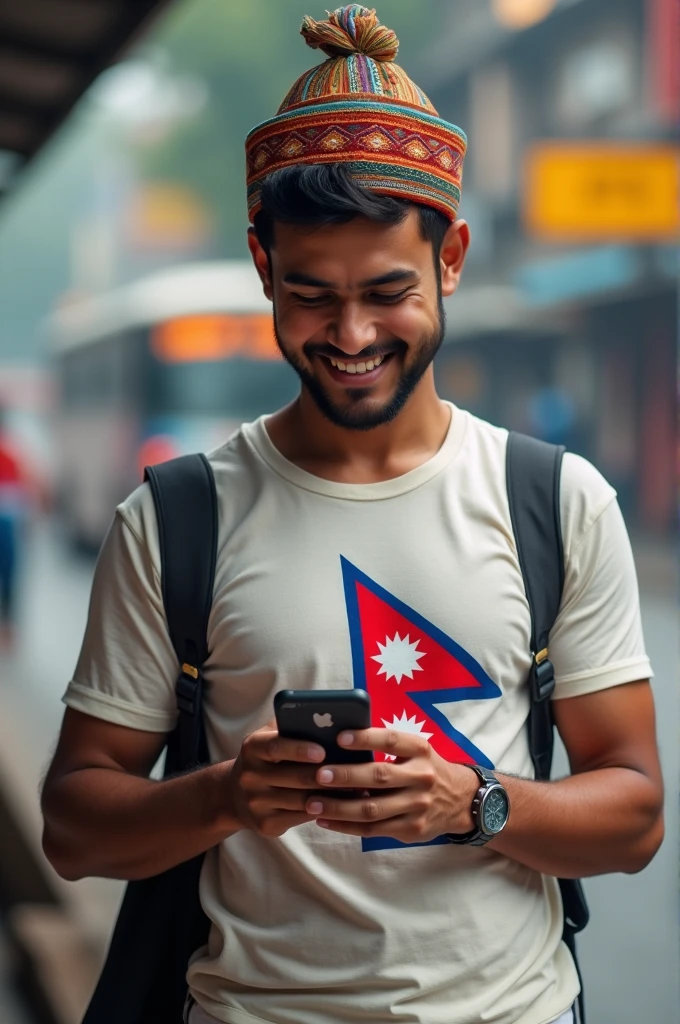 a nepali young man using mobile and smiling with headgear made of Dhaka cloth called national topi of nepal and wearing nepali flag logo tshirt and standing in a bus stop of kathmandu . 