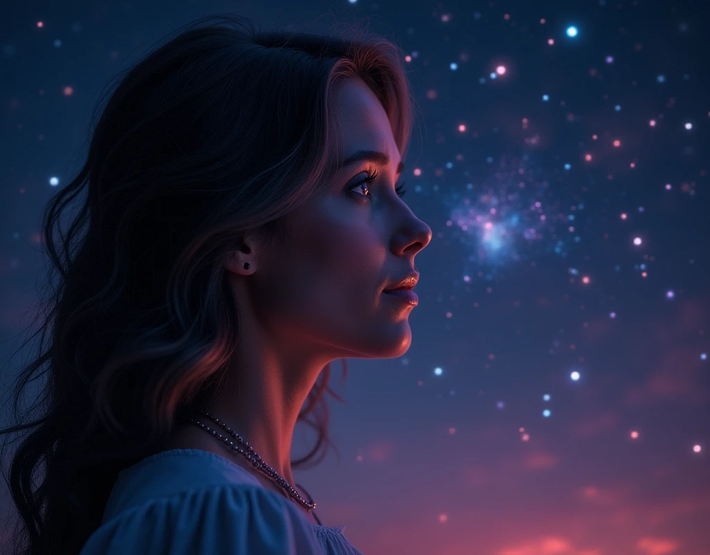 a picture of a mature woman's eyes as she is looking into the infinite stars in the night sky the stars are reflected in her eyes, a beautiful mature woman, ((dynamic hair color, dynamic skin complexion: 1.5), wearing dynamic dress, looking into the stars, the stars are reflected in her eyes, night sky, in shads of, blue, black, purple and red, infinite shining stars, ((dynamic stars color: 1.5)) ,  vibrant, Ultra-high resolution, High Contrast, (masterpiece:1.5), highest quality, Best aesthetics), best details, best quality, highres, 16k, [ultra detailed], masterpiece, best quality, (extremely detailed)
