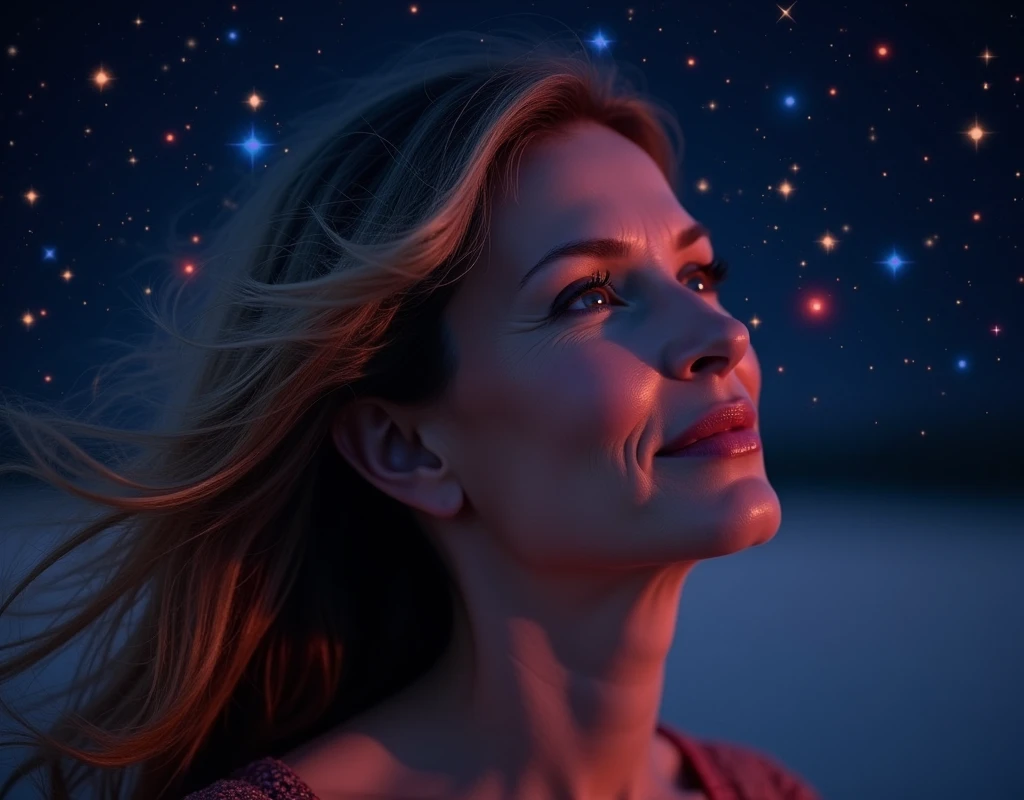 a picture of a mature woman's eyes as she is looking into the infinite stars in the night sky the stars are reflected in her eyes, a beautiful mature woman, ((dynamic hair color, dynamic skin complexion: 1.5), wearing dynamic dress, looking into the stars, the stars are reflected in her eyes, night sky, in shads of, blue, black, purple and red, infinite shining stars, ((dynamic stars color: 1.5)) ,  vibrant, Ultra-high resolution, High Contrast, (masterpiece:1.5), highest quality, Best aesthetics), best details, best quality, highres, 16k, [ultra detailed], masterpiece, best quality, (extremely detailed)