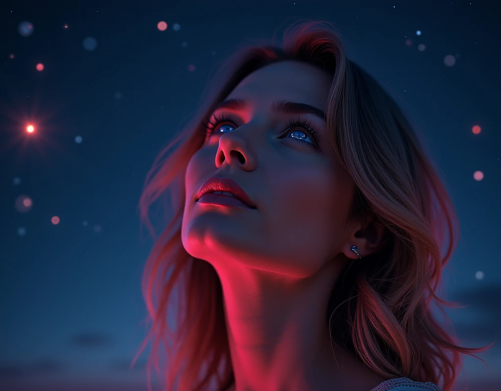a picture of a mature woman's eyes as she is looking into the infinite stars in the night sky the stars are reflected in her eyes, a beautiful mature woman, ((dynamic hair color, dynamic skin complexion: 1.5), wearing dynamic dress, looking into the stars, the stars are reflected in her eyes, night sky, in shads of, blue, black, purple and red, infinite shining stars, ((dynamic stars color: 1.5)) ,  vibrant, Ultra-high resolution, High Contrast, (masterpiece:1.5), highest quality, Best aesthetics), best details, best quality, highres, 16k, [ultra detailed], masterpiece, best quality, (extremely detailed)