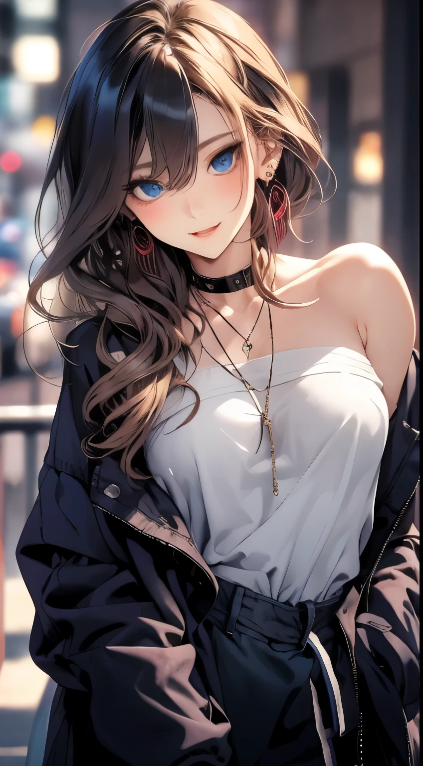 masterpiece, best quality, pixiv, cool girl, many piercings, ear rings, Light brown hair color, Curly hairs, Nice blue eyes、blunt bangs, straight bangs, gray eyes, pale skin, Gallon, ImproveLooking at the viewer, Background blur, smile, open mouth,