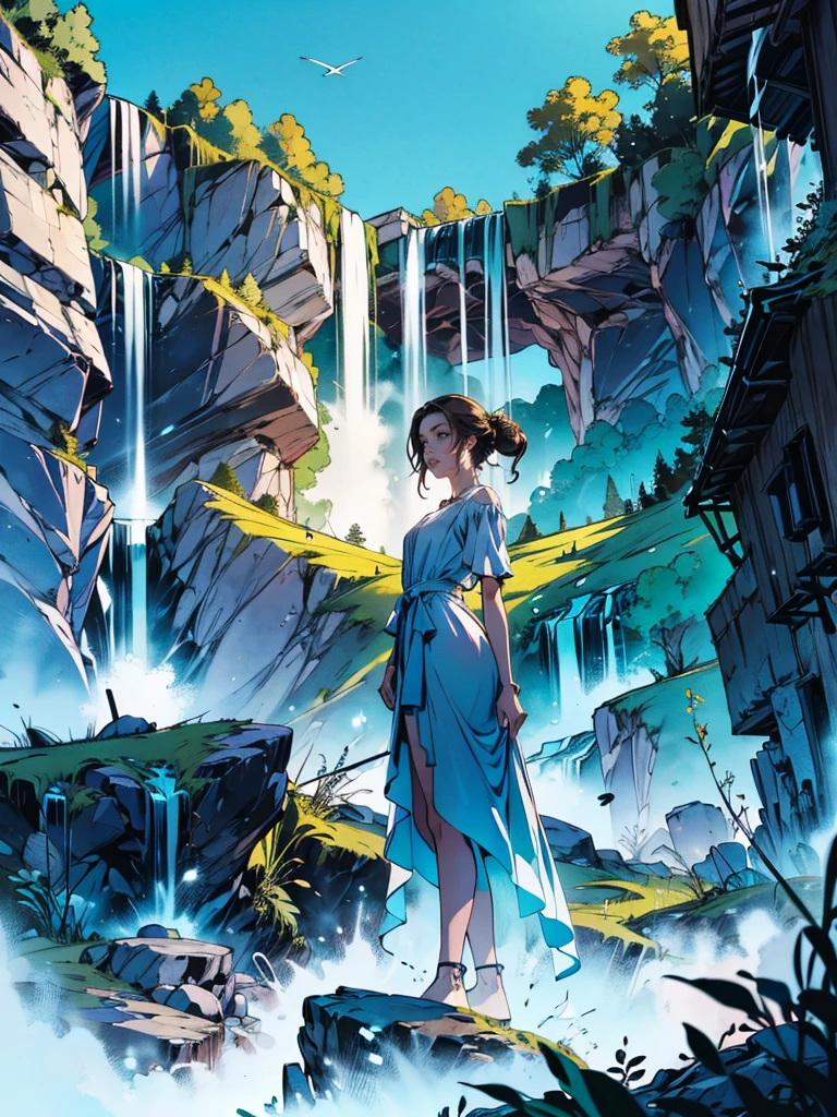 A brunette woman is standing at a majestic waterfall that glows a soft blue hue as it falls down the body of the woman who feels peace in that place
