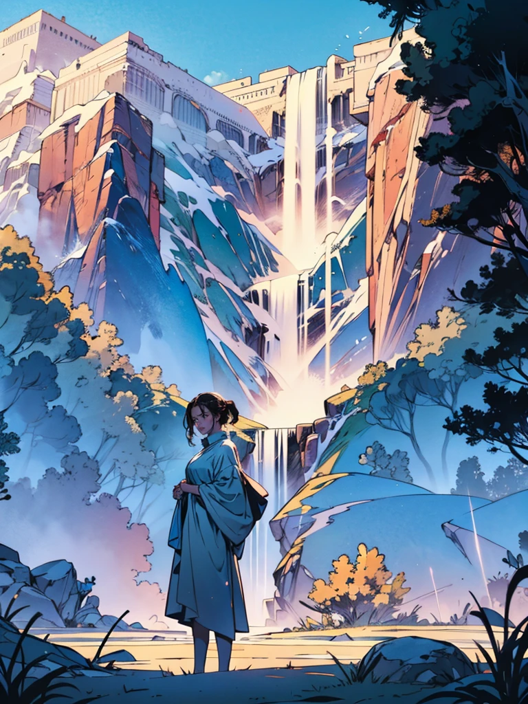 A brunette woman is standing at a majestic waterfall that glows a soft blue hue as it falls down the body of the woman who feels peace in that place