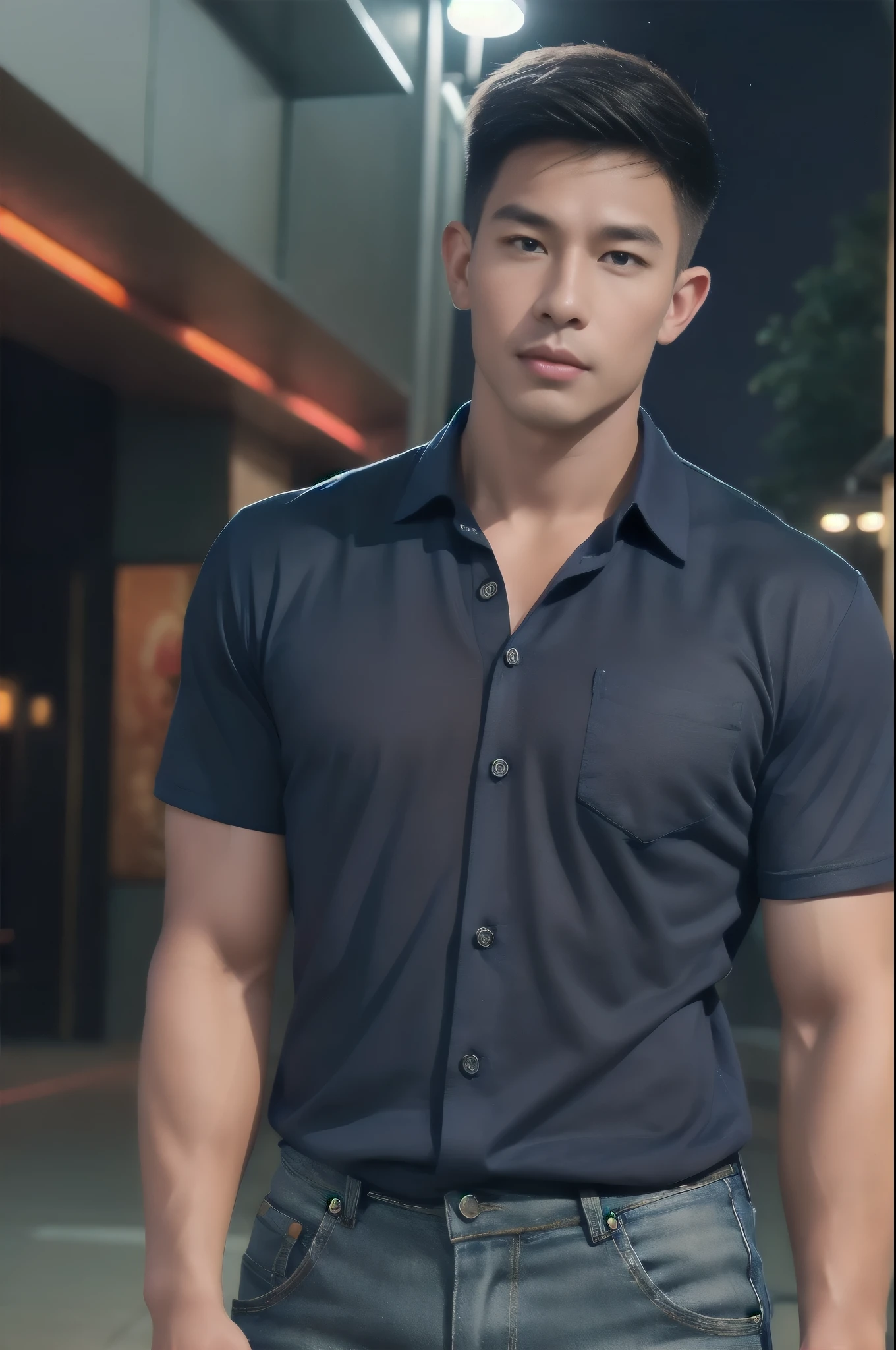 (armface:1.3) , Handsome young man standing, (have a mustache:0.8) , (short hair:1.2), The forearms are muscular., (Collared shirt with buttons:1.2), (Navy blue shirt:1.2),Jeans, Big muscles, Handsome and muscular, full body angle, (In front of the department store:1.1), , (nighttime:1.3), Neon lights