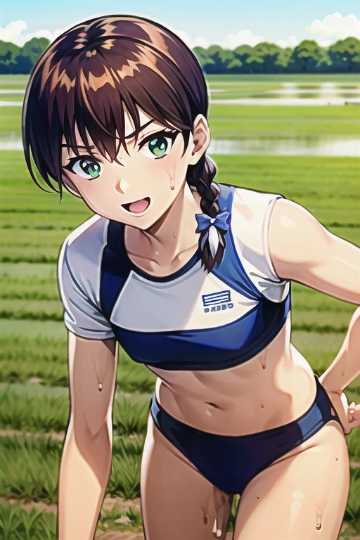 Miyanoshita Satsuki, green eyes, brown hair, braid, long hair, hair bow,T-shirt sheer with sweat　Muddy sports bra　Muddy sports bikini　Rice fields in the countryside　Covered in mud　Standing in a rice field　Bad mood　mud droplets