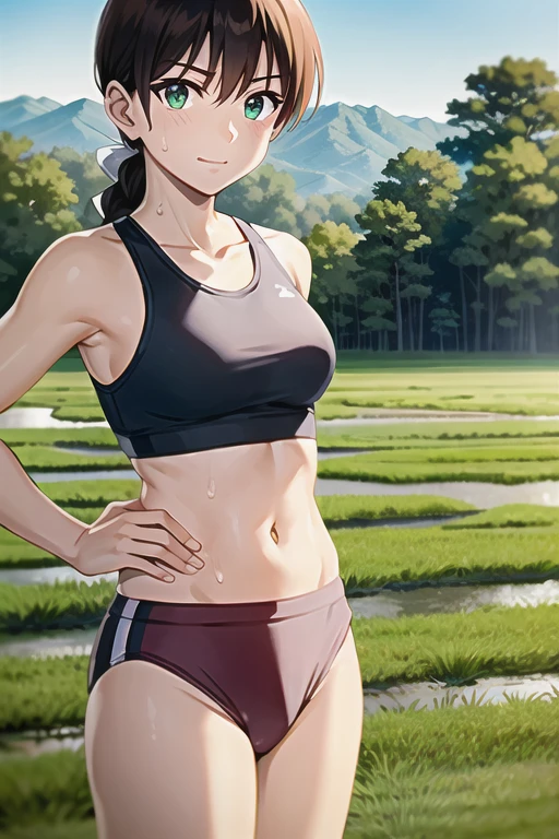 Miyanoshita Satsuki, green eyes, brown hair, braid, long hair, hair bow,T-shirt sheer with sweat Muddy sports bra Muddy sports bikini Rice fields in the countryside Covered in mud Standing in a rice field Bad mood mud droplets