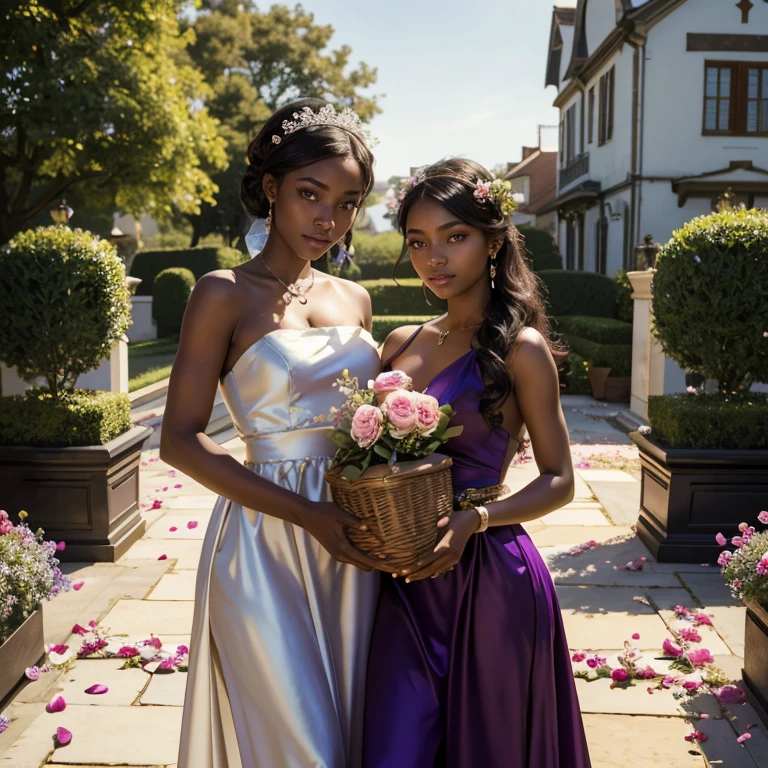 (masterpiece, best quality:1.5), highest quality, High resolution, super detailed, Realists, Upper body photo of a 22 year old black flower girl, dark skin, detailed and beautiful eyes, beautiful detailed lips, very detailed eyes and face, longeyelashes, 22-year-old woman in a purple short dress made of shiny satin fabric, Beautiful and colorful makeup, elegant and noble々Pose,shiny satin headband, grind, Holding flowers, Gardens as background, soft daylight, bright colors, fine brushstrokes, Portrait style, Noble details in the dress fabric, beautiful color palette, glowing skin, First-class rendering, that captures every detail, enchanting atmosphere, subtle shadows and lights, (perfect anatomy:1.2), (The two stunning 18-year-old flower girls carry baskets of rose petals. (magnificent panorama view:1.2)