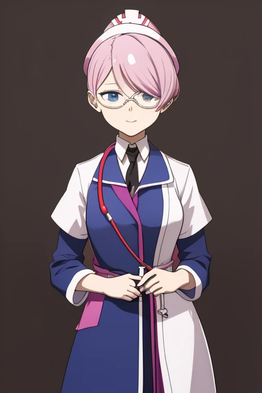 Seven-colored shortcuts nurse Eye patch nurseキャップ 紫のnurse服 Shoulder Bare Small breasts Background white One person From the waist up front Stethoscope slit Glasses