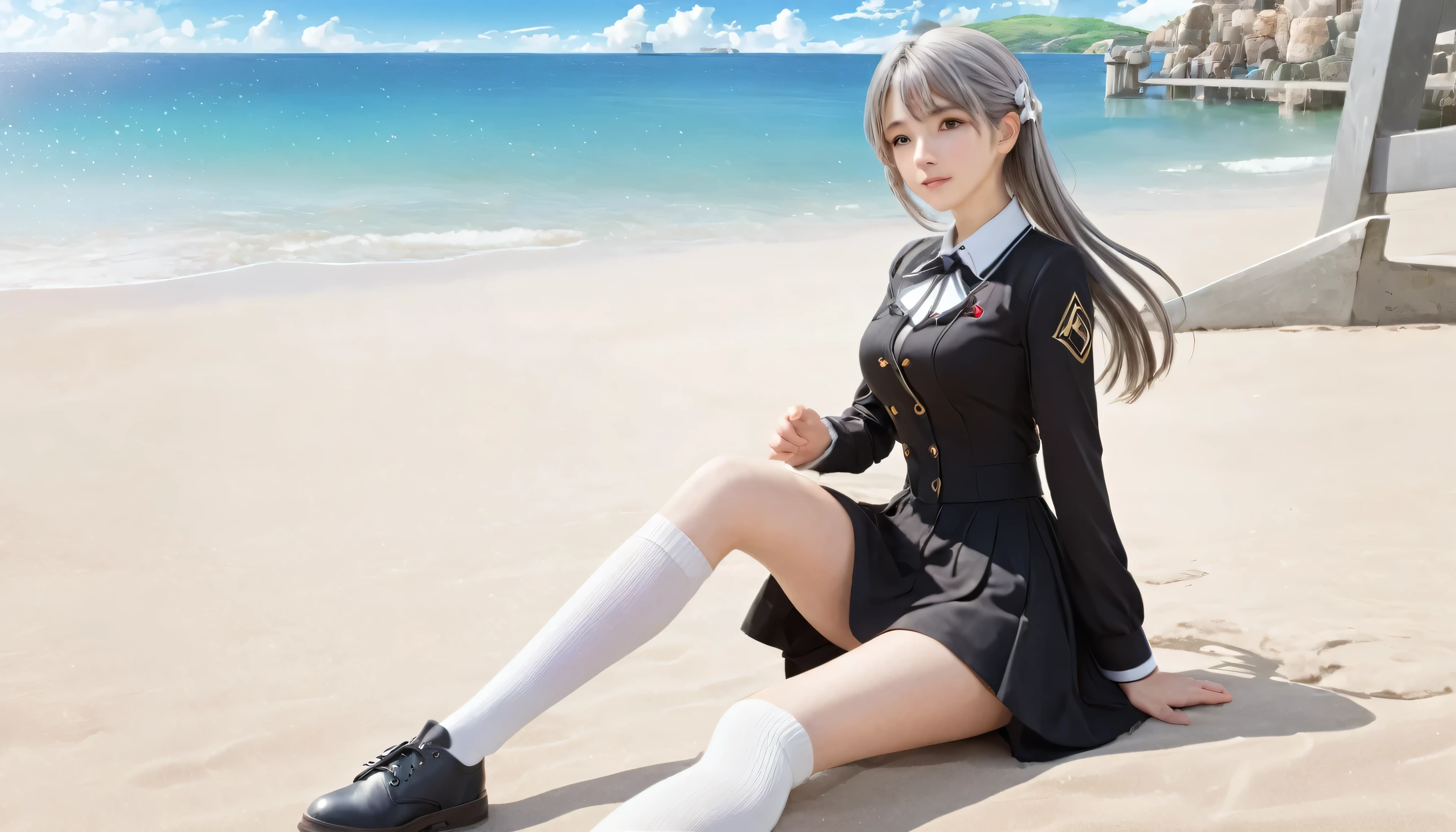 ((masterpiece)), ((Highest quality)), ((High resolution)), ((Highly detailed CG Unity 8k wallpaper)), alone, Tachibana Sonata, Brown uniform, Black Skirt, White socks, Outdoor, face, curtained hair, Beach, Parted hair, Silver Hair