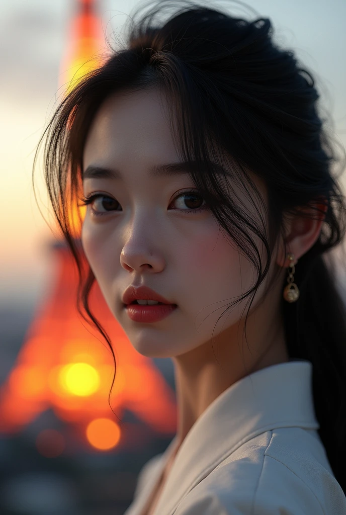 A beautiful Korean girl stand near Tokyo tower of Japan