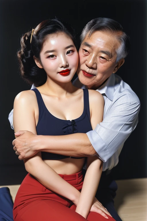 1952, Seoul, (((1 korean young girl and 1 old korean man facing each other))), {(1 korean young girl), 20 years old Girl in school gym, sexy Riverdale High School cheerleader outfit with blue and gold pom poms, big breasts, strikingly beautiful, delicate facial features, porcelain skin, expressive eyes, black hair, red lips), (hairstyle of the 1950s), dramatic lighting, ((pin up style)), sexy, surprised, colorful , masterpieces, tight body, Detailed Hands, Detailed legs}, (((70 years old korean man wearing business suit))), (((70 years old korean man hugging on korean young girl's chest))), focus on old man,