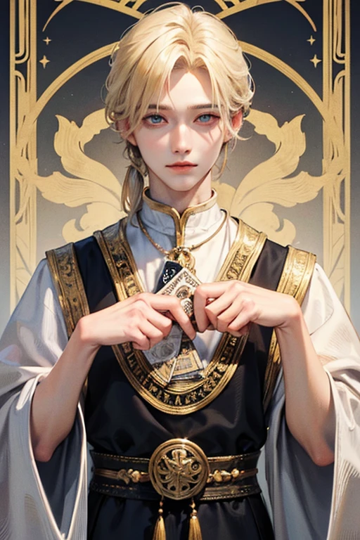 blond hair, white skin, Age 18, super detail, masterpiece, 8k, 1 boy, Korean, Handsome, Tarot cards