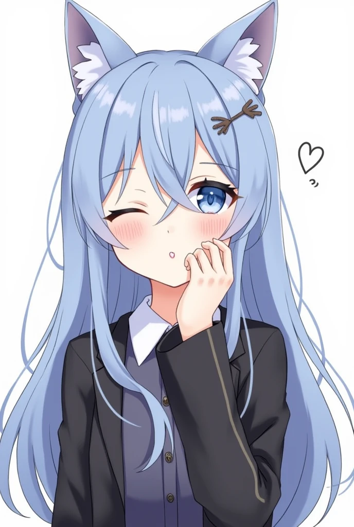 One girl, Animal ears, blue eyes, Long Hair, Blue Hair, Long sleeve, bangs, Cat ear, heart, Mouth closed, Upper Body, Focus Only, hair ornaments, Sleeves are longer than the wrist, blush, White Background, collared shirt, Simple Background, shirt, View your viewers, Putting your hand on someone else's face, Jacket, black Jacket, One side up, Hair between the eyes, Slope, ;3, Slope background, Blue background, Oral ,Blo