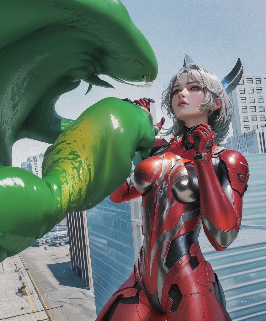 There is a statue of a woman in a green and red suit, CG Art, Highly detailed shot of a giantess, close up照片, 2 b, 2b, close up, Yoshitaka Amano Octane Rendering, Amano Yoshitaka realistic, Inspired by Alex Ross, Guyville style, Giantess Art, Hirome Giant, Close combat