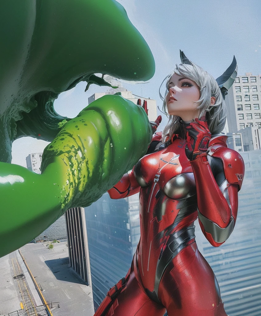 There is a statue of a woman in a green and red suit, CG Art, Highly detailed shot of a giantess, close up照片, 2 b, 2b, close up, Yoshitaka Amano Octane Rendering, Amano Yoshitaka realistic, Inspired by Alex Ross, Guyville style, Giantess Art, Hirome Giant, Close combat