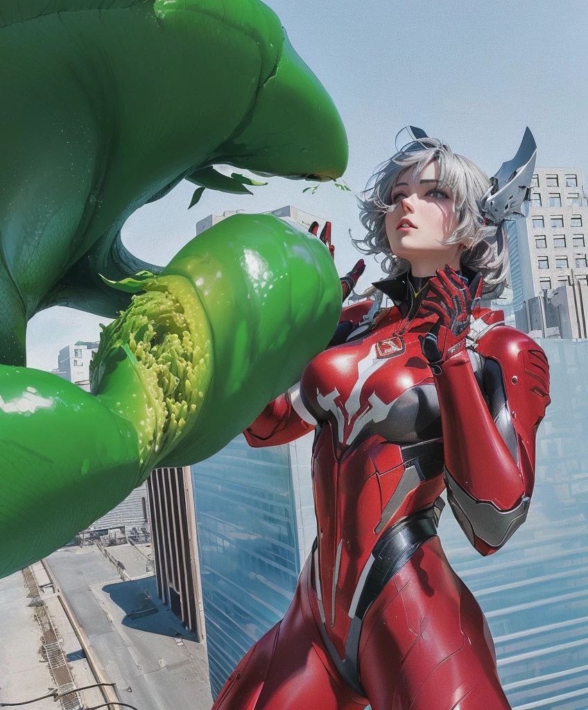 There is a statue of a woman in a green and red suit, CG Art, Highly detailed shot of a giantess, close up照片, 2 b, 2b, close up, Yoshitaka Amano Octane Rendering, Amano Yoshitaka realistic, Inspired by Alex Ross, Guyville style, Giantess Art, Hirome Giant, Close combat