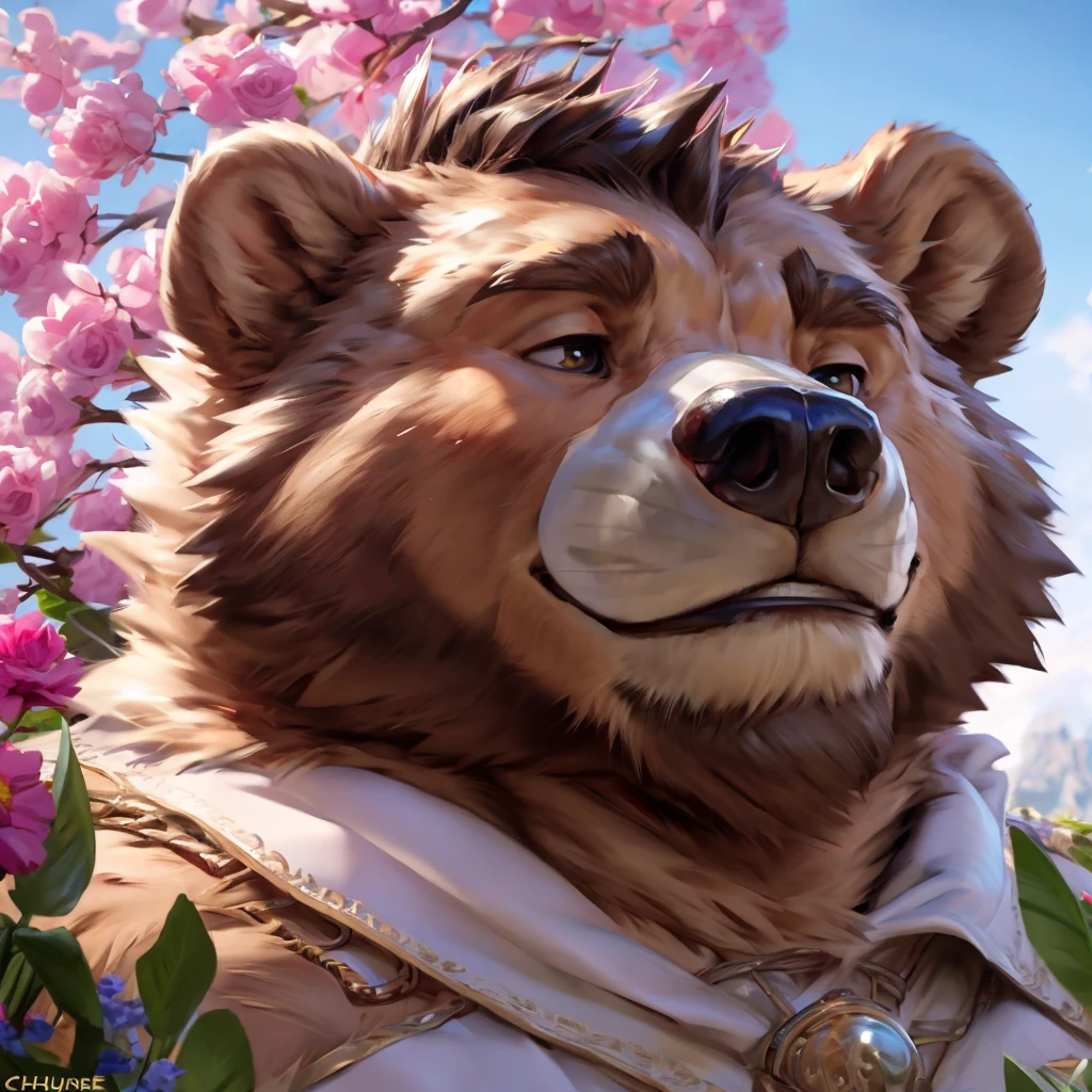 digital painting/artwork,by Pino Daeni,by chunie,by chicobo,by taran fiddler,by nullghost,by rossciaco,by takemoto arashi,by nviek5,maximun quality generation+++,OverallDetail hyper composition+++,natural lighting+++,8k+++,ambient occlusion+++,male body enhance+++,correct male face+++,male body,raytracing+++,one individuals,straight lineart,Refine Art+++,Enhance Composition+++,Improve Framing+++,Optimize Lighting+++,Enhance Resolution+++,Elevate Visual Quality+++,Perfect Details+++,Polish Aesthetics+++,Enhance Clarity+++,Enrich Colors+++,bloom+++,enhance male face details+++,sunlight contrast, bear male face, intense expressive eyes, thick arched eyebrows, well-defined lips, prominent straight nose, slightly flared nostrils, great-sized ears, styled hair, well-groomed beard, smooth skin fur texture, strong jawline, subtle smile, cute expression, detailed facial features, slightly wrinkled forehead, balanced proportions, natural shading,fluffy neck,cute expressions, flowers