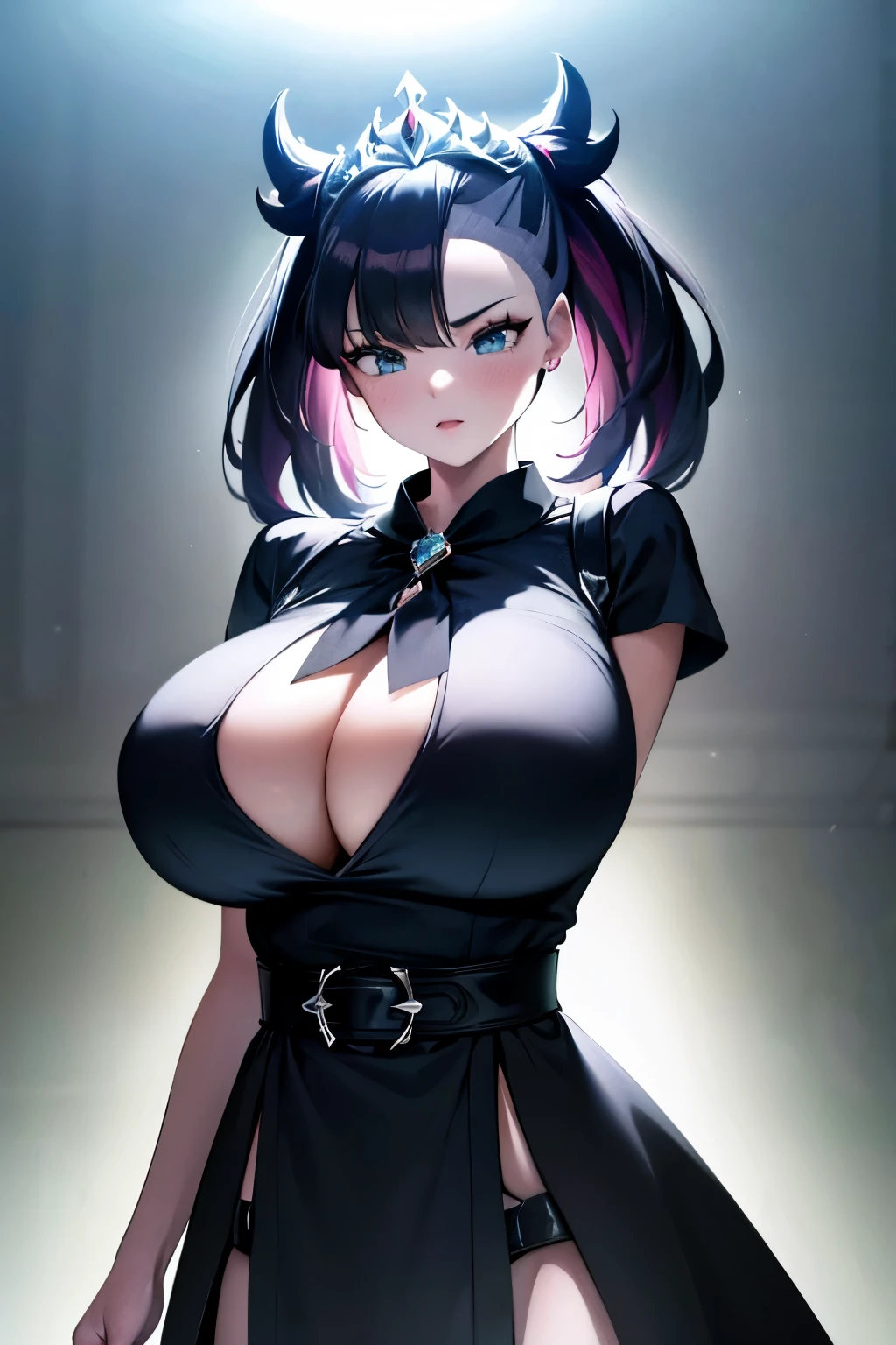 (masterpiece, best quality, hires, high resolution:1.2, 4k, 8k , high quality), extremely detailed, realistic, intricate details, highres, 1girl, solo, red long hair, blue eyes, blush, freckles,(cinematic lighting, sunlight, perfect lighting, backlighting), eye-level shot, naughty look, looking at viewer, hmmarnie, aqua eyes, black ribbon, tiara, earrings, jewelry, belt, black dress, pink dress, short sleeves, bow, front view, bare arms, indoors, huge breasts