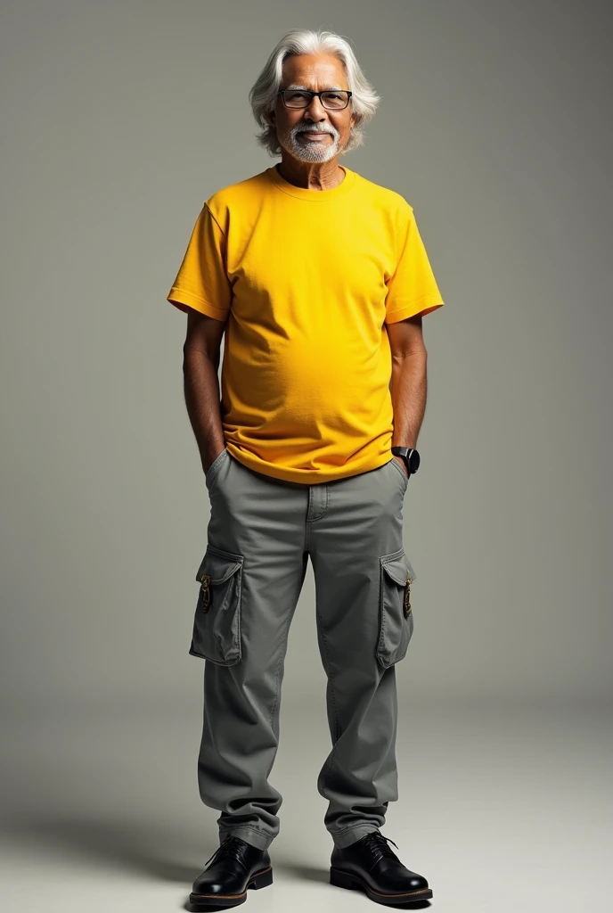 Creat a ( Dr APJ Abdul Kalam) photo full-body, 8K resolution, high-definition image of a person styled as a modern fashion influencer. The individual should be wearing black shoes, a yellow tshirt, and grey cargo pants. Mahatma Gandhi stand up in attractive pose , The image should have a realistic and contemporary appearance, with the person looking directly at the camera. The photo should also have an analog photography effect to give it a vintage vibe. Note: this emage is a (Dr APJ Abdul Kalam)