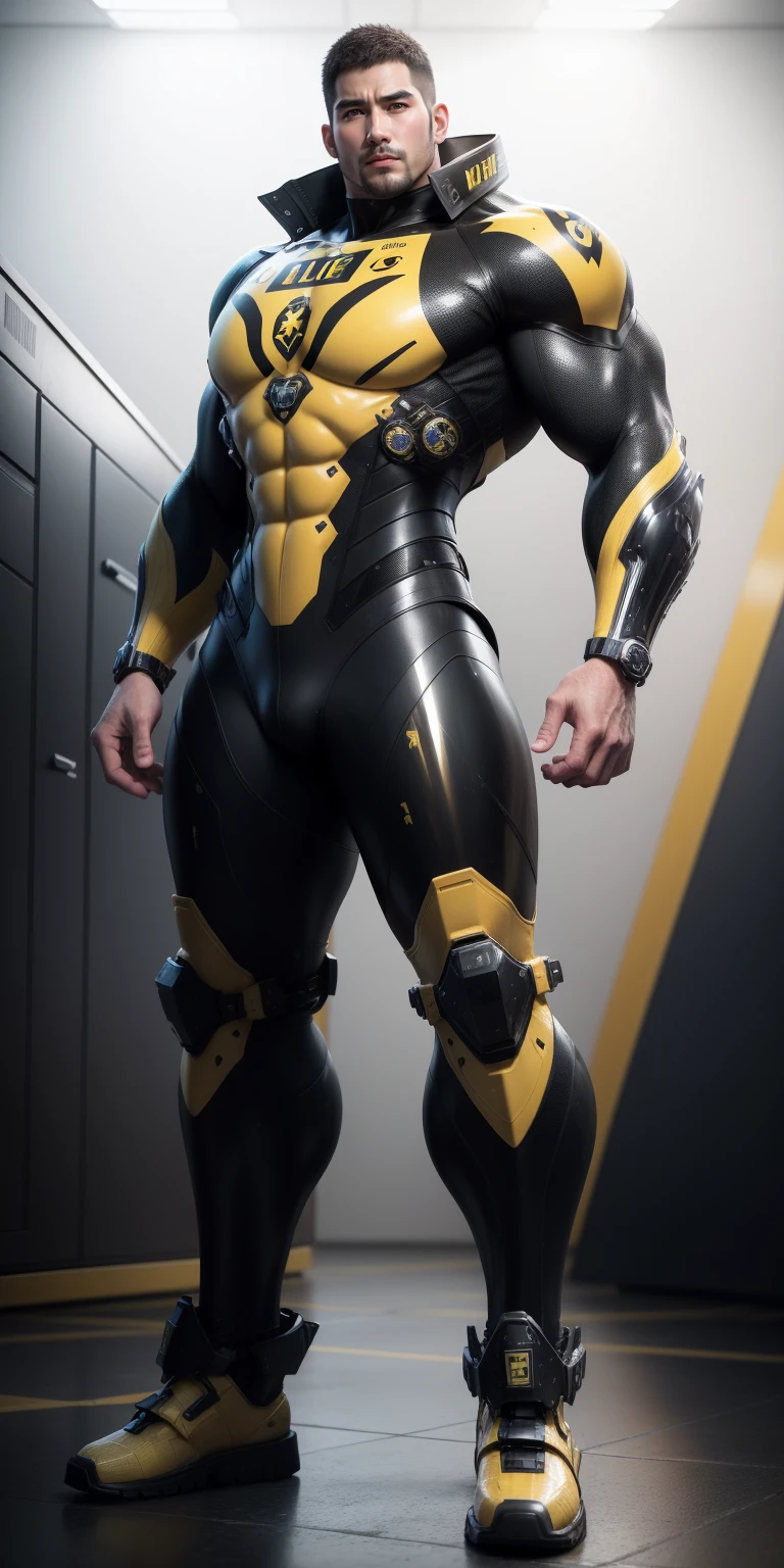 Tall giant muscular police officer,Yellow and black camouflage patterned nano mecha,Honeycomb pattern,Lightweight texture,Character Concept(Resident Evil - Chris Redfield,Chris Redfield)senior police officer,Small grid texture,Regular symmetrical texture pattern,Sad expression,Deep and charming eyes,Standing in a bright mechanical laboratory,Emerald Eyes Hero,Heroic male pose,高大Burly,muscular!Attractive leg muscles,High target, Burly, Heqiang, Super Buff and Coolness, High Resolution Committee, Bigfoot yellow-gray ultra-thin nano-mechanical boots,Charismatic strongman,The bright sunshine shines on you,Matte particles,Shiny texture