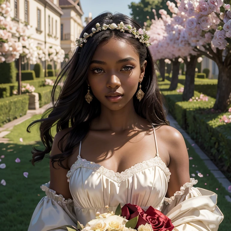 (masterpiece, best quality:1.5), highest quality, High resolution, super detailed, Realists, Upper body photo of a 22 year old black flower girl, dark skin, detailed and beautiful eyes, beautiful detailed lips, very detailed eyes and face, longeyelashes, 22-year-old woman in a blue short dress made of shiny satin fabric, Beautiful and colorful makeup, elegant and noble々Pose,shiny satin headband, grind, Holding flowers, Gardens as background, soft daylight, bright colors, fine brushstrokes, Portrait style, Noble details in the dress fabric, beautiful color palette, glowing skin, First-class rendering, that captures every detail, enchanting atmosphere, subtle shadows and lights, (perfect anatomy:1.2), (The stunning 22-year-old flower girl carries a basket of rose petals. (magnificent panorama view:1.2)